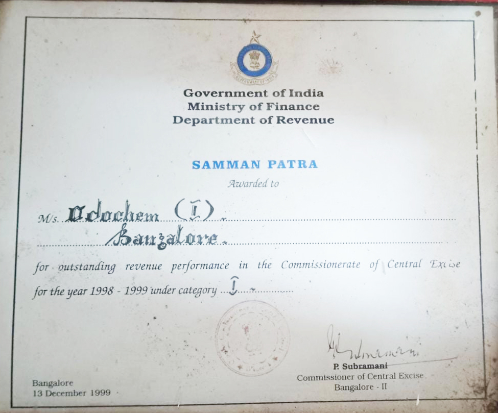 Awarded from Government of India Ministery of Finance Department of Revenue